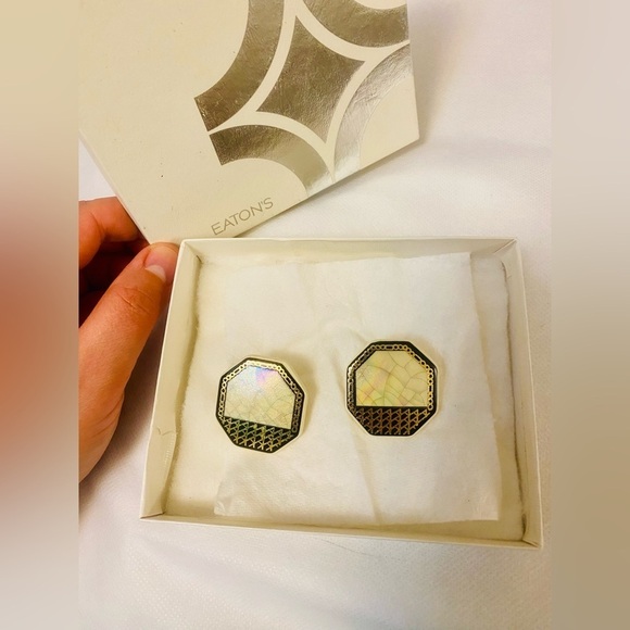 Iridescent Octagonal Earrings with Black and Gold Accents. Vintage. Ceramic - Picture 3 of 5